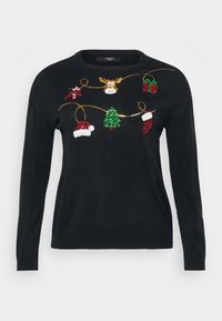 Pulover negru din tricot cu un design festiv, decorat cu paiete multicolore, inclusiv cadouri, un brad și pălării de Moș Crăciun.