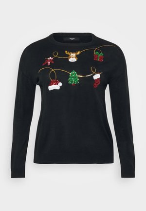 Pull en tricot noir avec un design festif orné de décorations en sequins multicolores, comprenant des cadeaux, un sapin et des chapeaux de Noël.