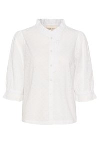 Blusa bianca con tessuto strutturato e dettagli in occhio di pernice, colletto volants e maniche a sbuffo, chiusa con bottoni frontali.