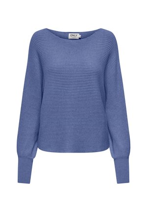 Modri rebrasti pulover z dolgimi rokavi, širokim izrezom in sproščenim krojem. Tkanina je videti mehka z rahlo teksturo. Na ovratniku je vidna oznaka znamke.