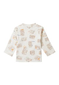 Hellgraues Langarmshirt mit einem wiederholten Kameramotiv in Beige, Orange und Blau. Weicher Stoff mit Rundhalsausschnitt.