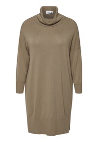 Robe pull ample marron avec un col drapé, des manches trois-quarts et des fentes sur les côtés. Fabriquée en tissu tricoté doux et texturé.
