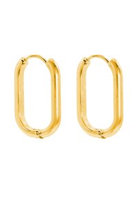 Goldene Creolen in einer länglichen Ovalform mit einer polierten Oberfläche. Verfügt über einen sicheren Verschluss und glatte Kanten.