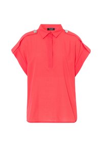 Koraalkleurige blouse met korte mouwen, knoopsluiting en schouderepauletten, in een ontspannen pasvorm. Gemaakt van een lichtgewicht stof met een gladde textuur.