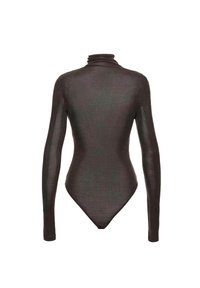 Body z długim rękawem wykonany z przezroczystej, teksturowanej brązowej tkaniny. Posiada wysoki kołnierz i dopasowany fason z wycięciem na plecach w formie stringów.