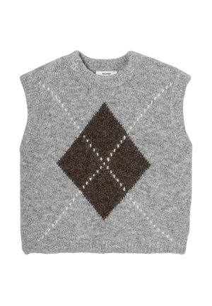 Pull gris sans manches avec un motif en losanges en marron foncé, agrémenté de surpiqûres blanches. Confectionné en un matériau tricoté doux.