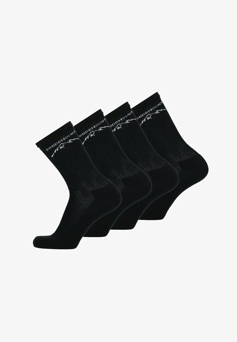 Schwarze Baumwollsocken, knöchellang, mit gerippter Textur und weißem Logo entlang des oberen Bündchens. Verkauft im Set von vier Paaren.