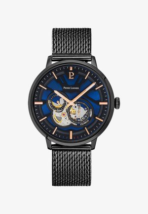 Men's mechanical watch with a black stainless steel mesh band, blue and black dial, rose gold accents, and visible movement details.