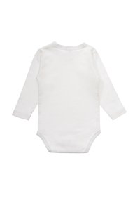 Long-sleeve white bodysuit made of soft cotton, featuring a round neckline and snap closures at the bottom for easy dressing.