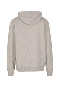 Hellgrauer Kapuzenpullover mit Kängurutasche, gerippten Bündchen und Saum. Weicher, strukturierter Stoff. Schlichtes Design, keine sichtbaren Grafiken oder Muster.