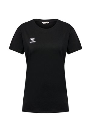 Sort T-shirt med korte ærmer og rund hals med hvid Hummel-logo på venstre bryst, skræddersyet pasform til kvinder.