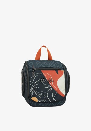 Kompakte schwarze und orangefarbene Kosmetiktasche mit abstraktem Design eines weiblichen Gesichts, Frontreißverschlusstasche und orangefarbenem Griff oben.