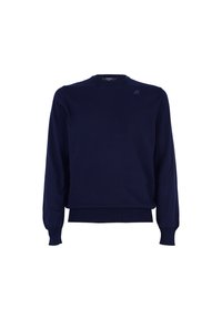 Felpa blu navy realizzata in tessuto morbido con scollatura a girocollo. Presenta maniche e orlo a costine, con un logo discreto sul petto.