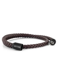 Brown braided leather bracelet with a black metal cylindrical clasp featuring the text "AKITSUNE" and a round end cap with a lotus design.
