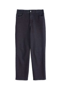 Donkerdenim jeans met een rechte pijpdesign, voorzien van een klassieke vijf-pocket indeling en een metalen knoopsluiting bij de taille.