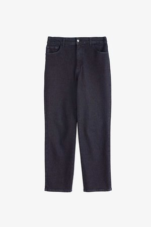 Dark denim jeans with a straight-leg design, featuring a classic five-pocket layout and a metal button closure at the waistband.