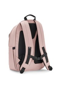 Zaino in tessuto rosa con retro e spallacci in rete nera, fibbie regolabili, due tasche laterali e maniglia superiore per il trasporto.