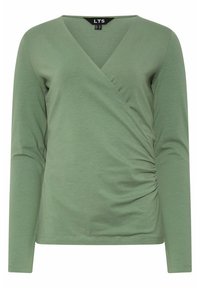 Langarm-Wickeloberteil aus leichtem grünem Jersey-Stoff mit Raffung an der Seite. Merkmale include einen V-Ausschnitt und einen geraden Saum.