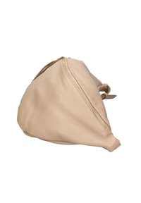 Borsa in pelle beige con finitura texturizzata, forma triangolare e zip dorata. Presenta un dettaglio annodato su un lato per un tocco di design in più.