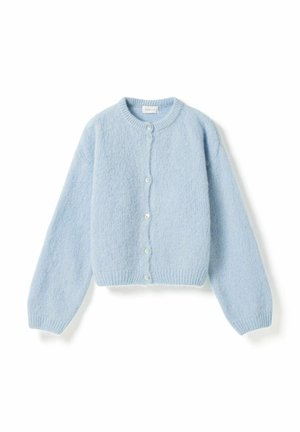 Helehall tagasihoidliku kudumiga kardigan pikkade varrukatega, ümar kaelus ja kuus eesmist nööpi, laiali laotatud valgel taustal.