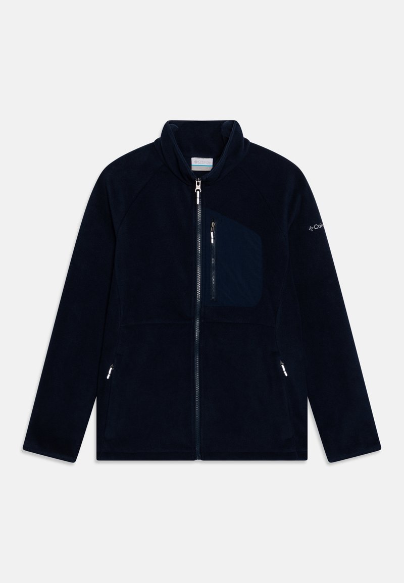Veste en polaire navy avec un col montant, une fermeture éclair, des manches raglan et une poche plaquée sur la poitrine. Texture lisse avec un léger brillant.