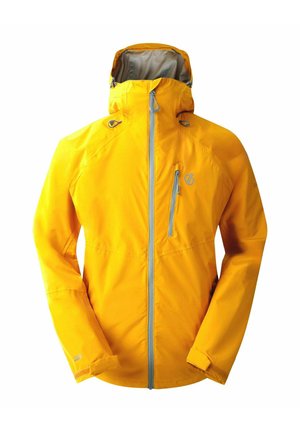 Wasserdichte gelbe Jacke mit einem Reißverschluss vorne, Kapuze und grauen Akzenten. Zu den Merkmalen gehören elastische Bündchen und eine Brusttasche zur Aufbewahrung.