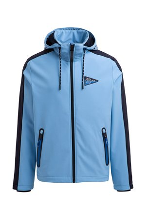 Light blue zip-up jacket with a hood, navy side panels, black zipper, and two zippered pockets. Features a logo on the chest area.