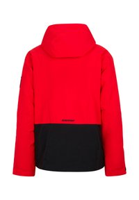 Rote und schwarze Außensjacke mit Kapuze, die eine glatte Textur, sichtbare Nähte und ein Logo im unteren Rückenbereich aufweist.