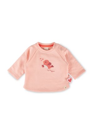 Weiches rosa Babyshirt mit langen Ärmeln und Rundhalsausschnitt, Druckknöpfen auf der Schulter und einem roten Vogel mit Herzmotiv auf der Vorderseite.