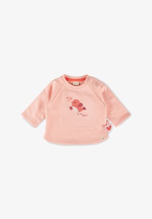Maglietta rosa chiaro per bambini a maniche lunghe con scollo rotondo, bottoni a pressione sulla spalla e disegno di un uccellino rosso con cuori sul davanti.