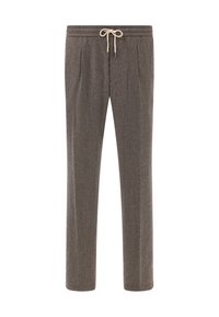 Szare spodnie w wzory z elastycznym pasem i regulowanym beżowym sznurkiem. Posiadają dwa fałdy z przodu oraz prosty krój nogawek.