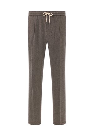Pantalons gris à motif avec une taille élastique et un cordon de serrage beige réglable. Comprend deux plis à l'avant et une coupe droite.