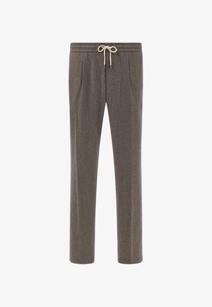 Pantalons gris à motif avec une taille élastique et un cordon de serrage beige réglable. Comprend deux plis à l'avant et une coupe droite.
