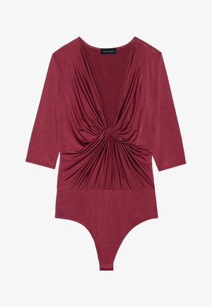 Burgundi värvi bodi pika varrukaga, millel on sügav V-kaelus ja ees drapeeringudetail, valmistatud pehmest ja venivast kangast.