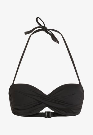 Black bikini top with a twisted front detail, adjustable halter neck ties, and a buckle closure at the back. Smooth, stretchy fabric.