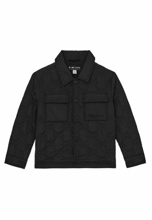 Černá prošívaná bunda s límcem, dvěma předními kapsami, zapínáním na knoflíky a texturovaným vzorem. Vyrobeno z nylonu nebo polyesteru.