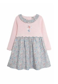 Langärmliges Kleid mit einem rosa gestrickten Oberteil, einem gerafften Rock im Blumenmuster in Blau und Rosa, der an der Vorderseite mit einer gestickten Blume verziert ist.
