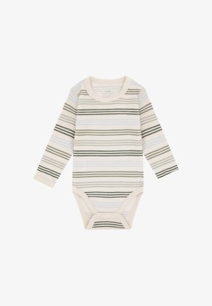 Body per neonati a maniche lunghe di colore crema con strisce orizzontali verdi, blu e grigie e chiusure a pressione sul fondo.