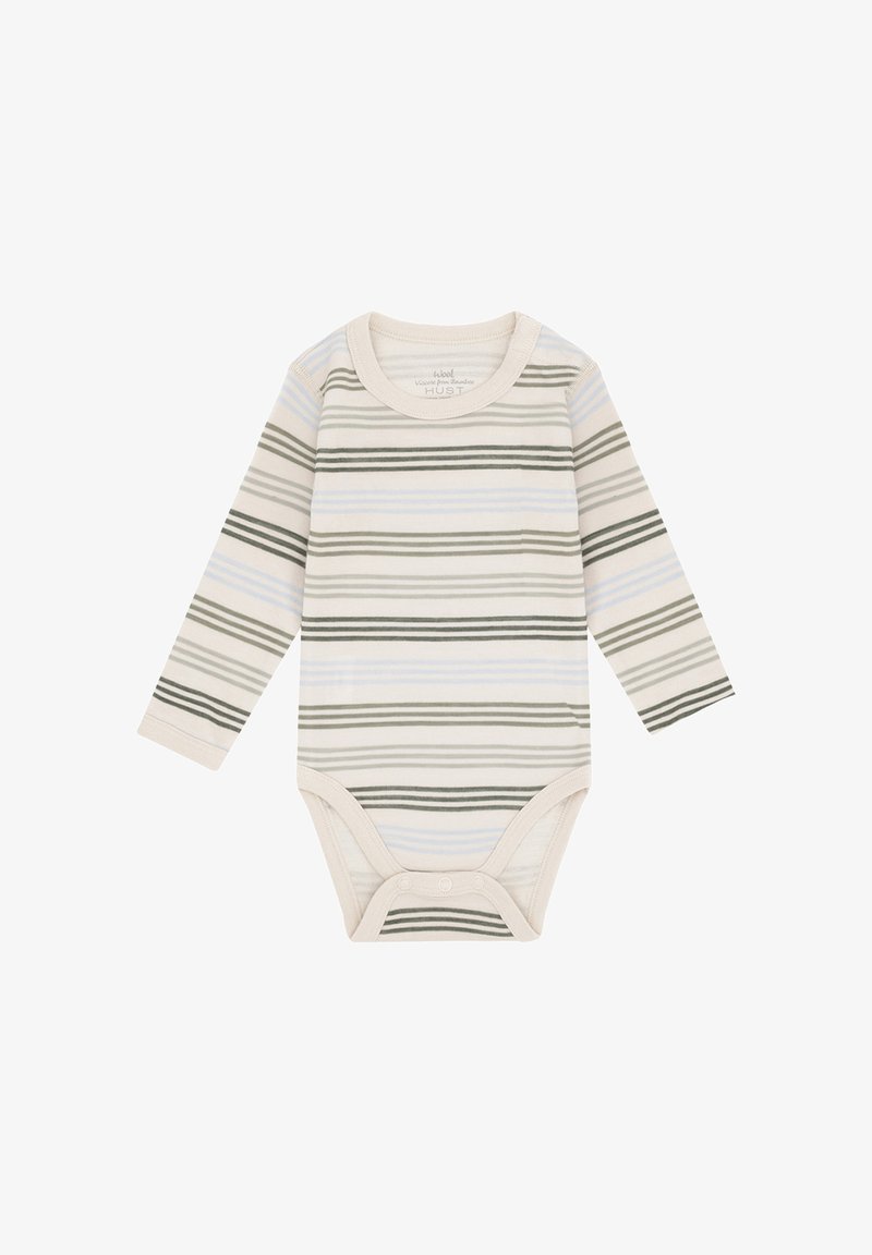 Body per neonati a maniche lunghe di colore crema con strisce orizzontali verdi, blu e grigie e chiusure a pressione sul fondo.