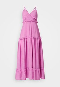 Rochie maxi lungă de culoare roz, cu bretele subțiri, de tip spaghetti, decolteu în V, volane stratificate și un finisaj texturat. Materialul este ușor și moale.