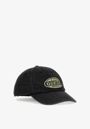 Schwarze Denim-Baseballmütze mit einem grünen und beigen "GUESS ORIGINALS"-Patch mit Sternen, gebogenem Schirm und gestickten Details.