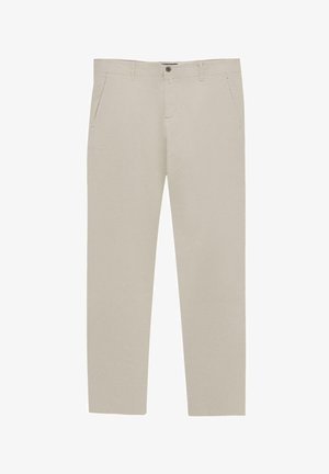 Beżowe bawełniane spodnie o prostym kroju nogawki, z przednimi kieszeniami i zapięciem na guzik w talii. Gładka tekstura na całej długości.