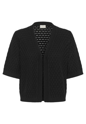 Juoda trumpomis rankovėmis megzta kardiganė su faktūrine rašto danga, atvira priekyje ir su ribotomis briaunomis.