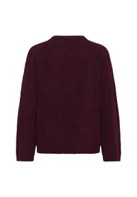 Pull en bourgogne avec un col rond, coupe ample, manches longues et un tissu tricoté doux et texturé. Design épuré et simple au dos.