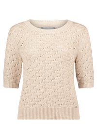 Beige gestrickter Pullover mit kurzen Ärmeln, versehen mit einem strukturierten Muster und einem gerippten Saum. Etikett am Halsausschnitt sichtbar.
