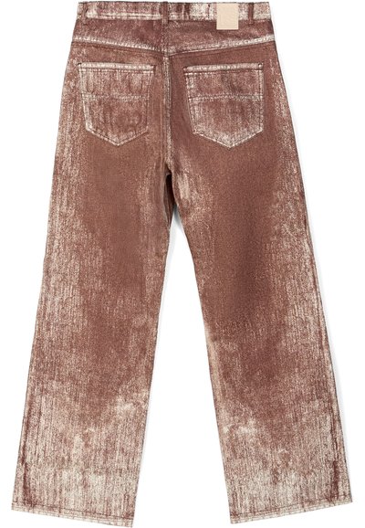 Brown denim trousers with a distressed texture, wide-leg design, and two back pockets. Features visible stitching and a label at the waistband.