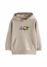 Beige kapuutsiga sviiter, millel on eesmine tasku, soonikkoes varrukad ja graafika kolmest Marveli tegelasest rinnal. "MARVEL" logo punasel taustal.