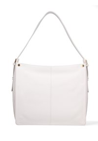 Borsa a tracolla in pelle bianca con una texture liscia, forma piatta, una sola tracolla e dettagli delle cuciture discreti. Presenta un accento dorato.