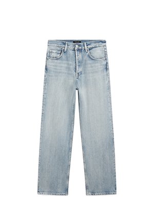 Hellblaue Jeans aus Denim mit geradem Schnitt, fünf Taschen und einem Frontknopfverschluss. Ausgewaschenes Finish mit subtilem Muster.