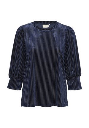Granatowa, aksamitna bluzka z pionowymi paskami, okrągłym dekoltem i rękawami typu puff do trzech czwartych. Miękka tekstura z delikatnym połyskiem.